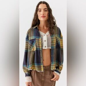 BDG Plaid Flannel Button Up Shirt Oversized Blue Yellow Green‎ Women's M